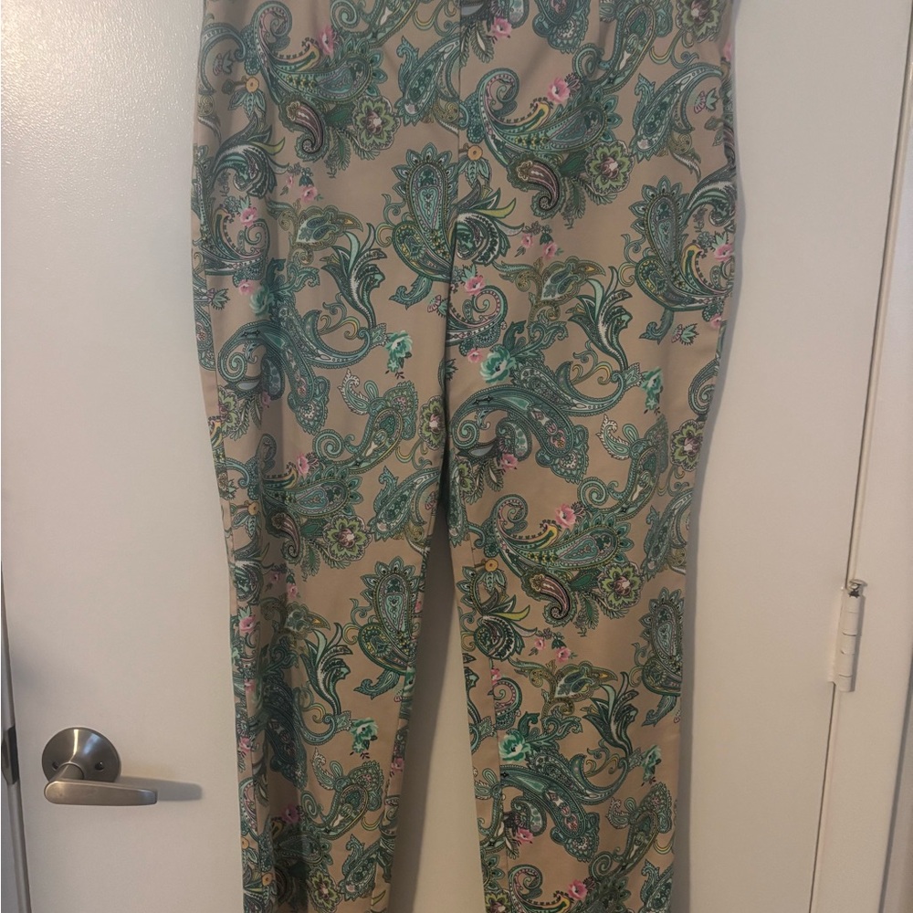 Charter Club Beige Paisley Straight-Leg Pants with Teal Accents